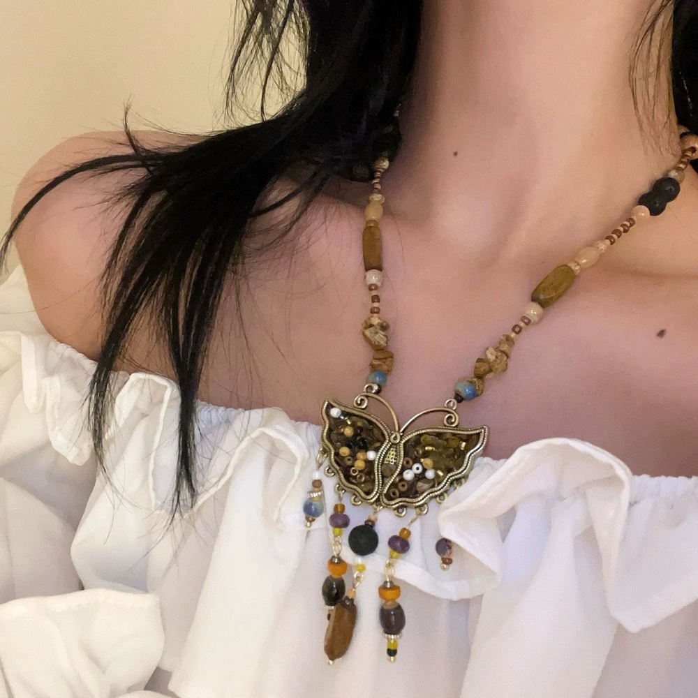 Natural Stone Butterfly Beaded Necklace